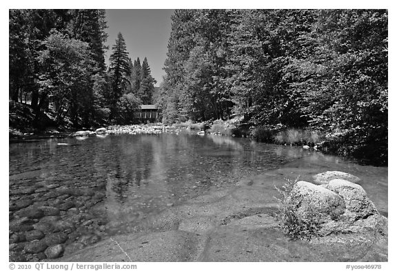 Wawona covered bridge and river. Yosemite National Park (black and white)