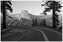 Road and Half-Dome. Yosemite National Park, California, USA. (black and white)