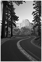 Half-Dome and Glacier Point Road. Yosemite National Park, California, USA. (black and white)