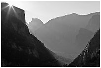 Sun, El Capitan, and Half Dome from near Inspiration Point. Yosemite National Park, California, USA. (black and white)