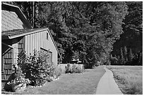 Residences at Ahwanhee Meadow edge, summer. Yosemite National Park, California, USA. (black and white)