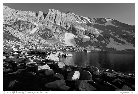 North Peak above Upper McCabe Lake, late afternoon. Yosemite National Park (black and white)