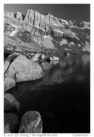 North Peak, Boulders and Upper McCabe Lake, sunset. Yosemite National Park, California, USA.