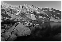 Shore of Upper McCabe Lake with North Peak at sunset. Yosemite National Park ( black and white)