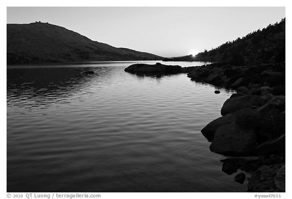 Sun setting over Upper McCabe Lake. Yosemite National Park (black and white)