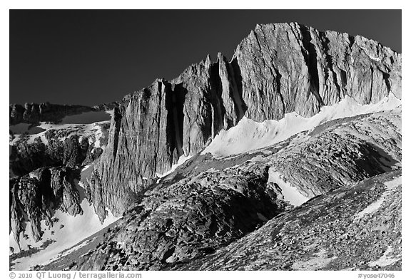 Craggy face of North Peak mountain. Yosemite National Park (black and white)