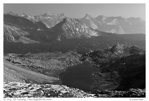 Roosevelt Lake and mountain ranges. Yosemite National Park (black and white)