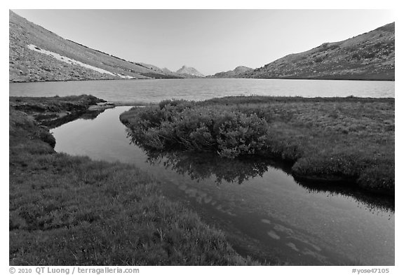 Stream and Roosevelt Lake at sunset. Yosemite National Park (black and white)