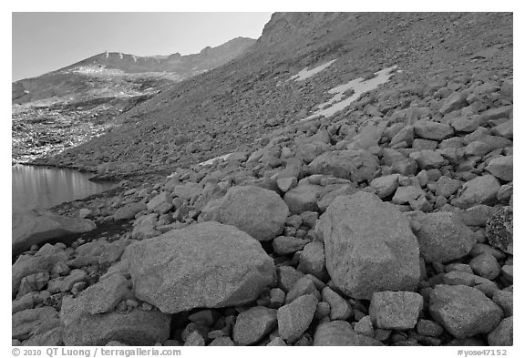 Boulders from rock slide below Mount Conness. Yosemite National Park (black and white)