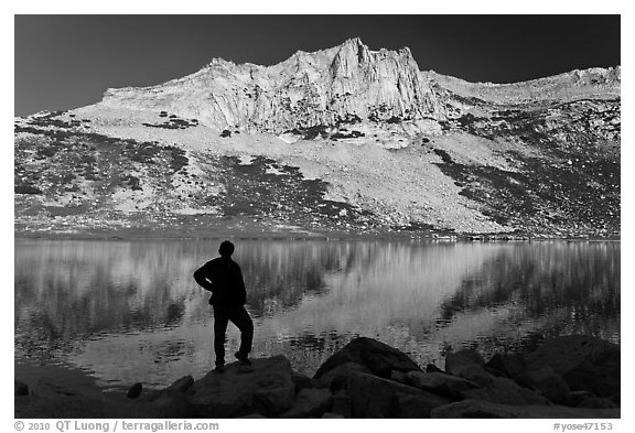 Park visitor looking, Lake Roosevelt. Yosemite National Park (black and white)