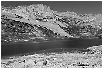 Family backpacking in Sierra Nevada mountains. Yosemite National Park ( black and white)