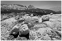 Boulders, slabs, and Ragged Peak. Yosemite National Park, California, USA. (black and white)