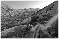 Waterfall and alpine valley at sunset. Yosemite National Park, California, USA. (black and white)