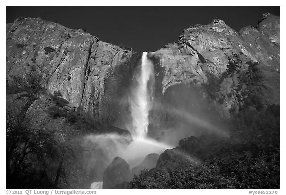 Bridalveil Fall with double rainbow. Yosemite National Park (black and white)