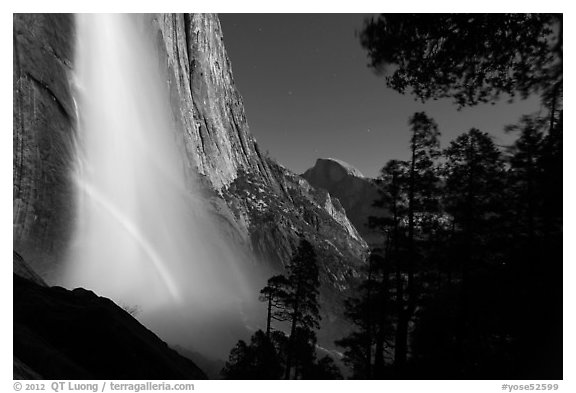 Double spray lunar rainbow, Upper Yosemite Falls and Half-Dome. Yosemite National Park (black and white)