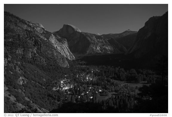 Yosemite Village lights and Half-Dome by moonlight. Yosemite National Park (black and white)