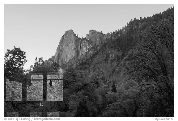 Sentinel Rock, Yosemite Valley visitor center window reflexion. Yosemite National Park, California, USA.