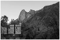 Sentinel Rock, Yosemite Valley visitor center window reflexion. Yosemite National Park ( black and white)