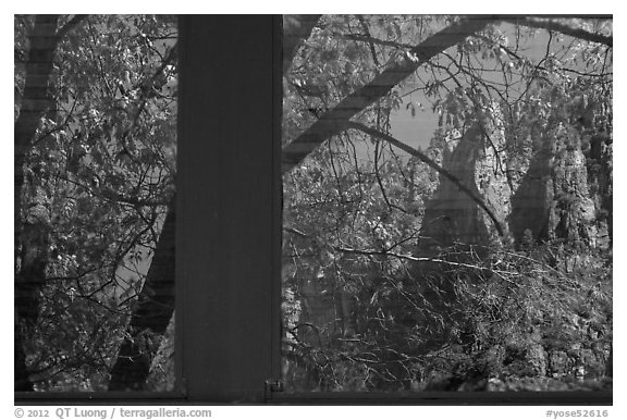 North Rim, Yosemite Valley visitor center window reflexion. Yosemite National Park (black and white)