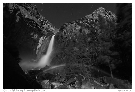 Lunar rainbow, Lower Yosemite Fall. Yosemite National Park (black and white)