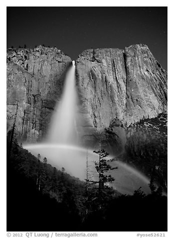 Lunar rainbow, Upper Yosemite Fall. Yosemite National Park (black and white)