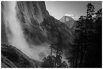 Upper Yosemite Falls and Half-Dome at sunset. Yosemite National Park, California, USA. (black and white)