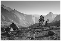 Erratic boulders, pines, Clouds rest and Half-Dome from Olmstedt Point, late afternoon. Yosemite National Park ( black and white)