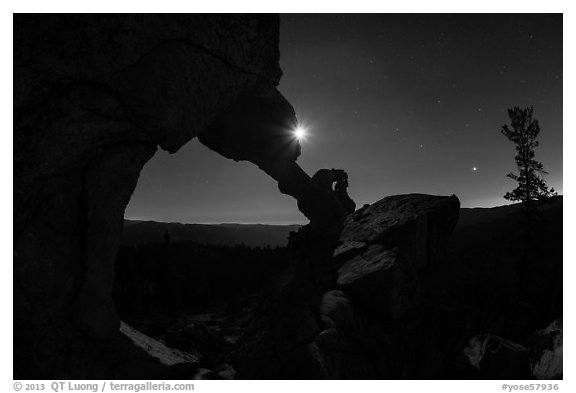 Moon and Indian Arch at night. Yosemite National Park (black and white)