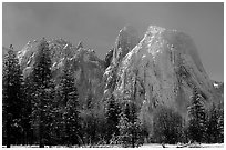 Cathedral rocks after a snow storm, morning. Yosemite National Park, California, USA. (black and white)