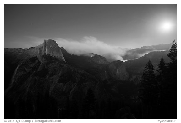 Half-Dome, fire, and moon. Yosemite National Park (black and white)