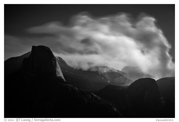 Half-Dome, fire and smoke at night. Yosemite National Park (black and white)