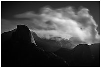 Half-Dome, fire and smoke at night. Yosemite National Park ( black and white)