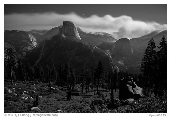 Half-Dome and plume of smoke from wildfire at night. Yosemite National Park (black and white)