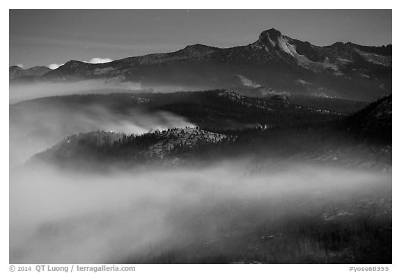 Smoke from fire at night below Clark Range. Yosemite National Park (black and white)