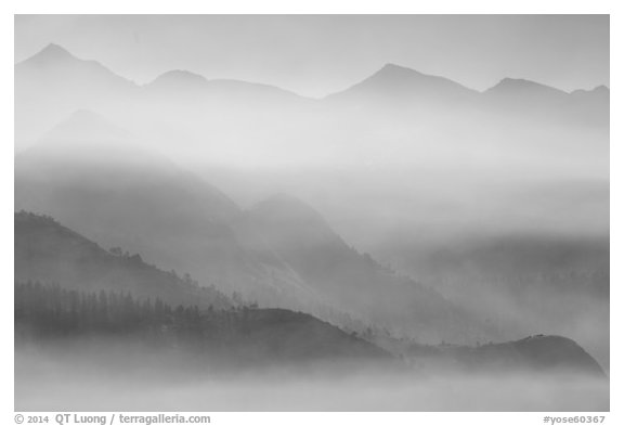 Clark Range ridges with smoke. Yosemite National Park (black and white)