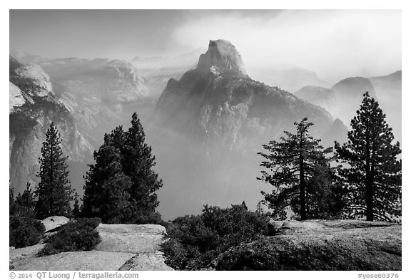 Half Dome from Glacier Point, fog clearing. Yosemite National Park (black and white)