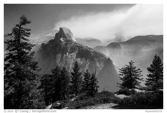 Half Dome from Glacier Point with wildfire. Yosemite National Park (black and white)