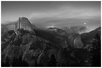 Half-Dome, forest fire, and moon rising. Yosemite National Park ( black and white)