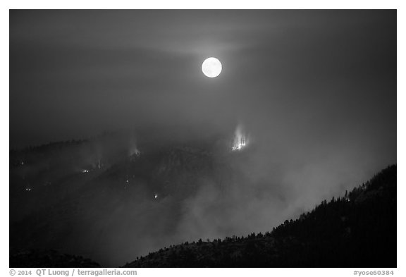 Forest fire and moon. Yosemite National Park (black and white)