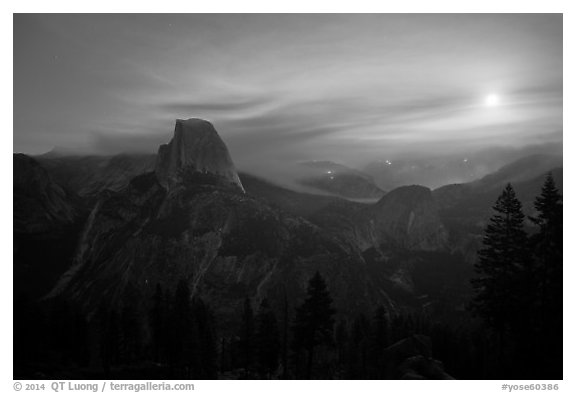 Half-Dome, wildfire, and moon. Yosemite National Park (black and white)