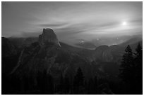 Half-Dome, wildfire, and moon. Yosemite National Park ( black and white)