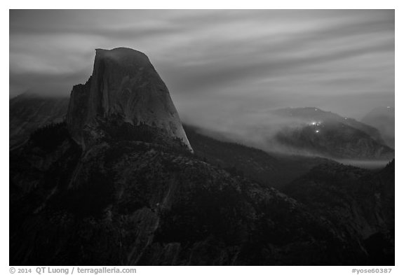 Half-Dome, forest fire, and smoke. Yosemite National Park (black and white)