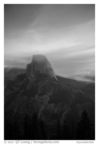 Half-Dome, forest fire, and smoke. Yosemite National Park (black and white)
