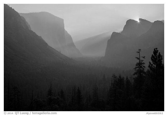Discovery view with sun rising in notch. Yosemite National Park (black and white)