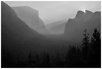 Discovery view with sun rising in notch. Yosemite National Park ( black and white)