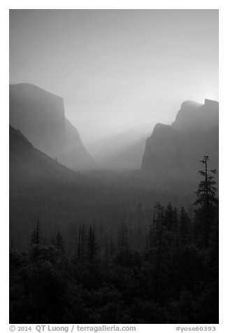 View of smoky Yosemite Valley at sunrise. Yosemite National Park (black and white)