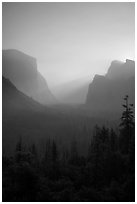 View of smoky Yosemite Valley at sunrise. Yosemite National Park ( black and white)