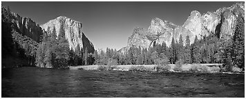 Valley View, El Capitan and Bridalveil Fall. Yosemite National Park (Panoramic black and white)