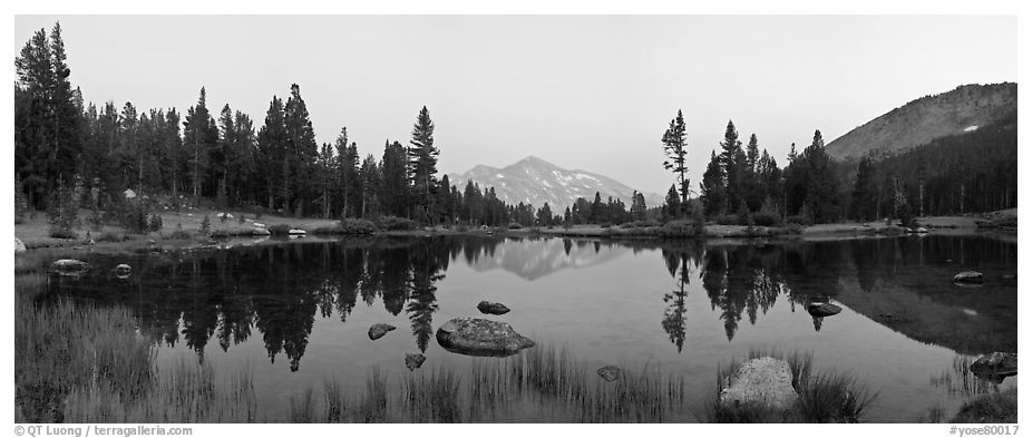 Tarn near Tioga Pass and Mammoth Peak at dusk. Yosemite National Park (black and white)