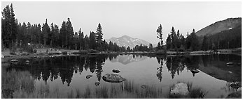 Tarn near Tioga Pass and Mammoth Peak at dusk. Yosemite National Park (Panoramic black and white)